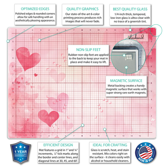 Watercolor Hearts Magnetic Glass Craft Mat