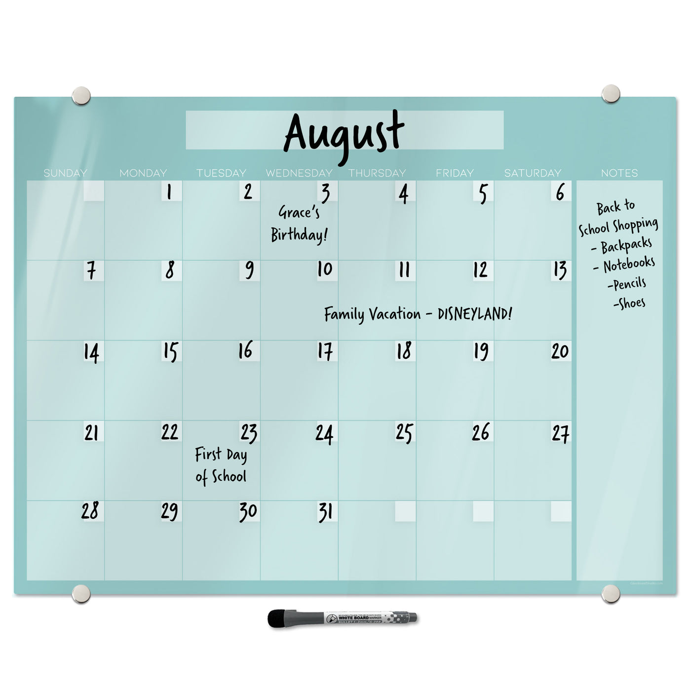 Aqua Calendar Glassboard