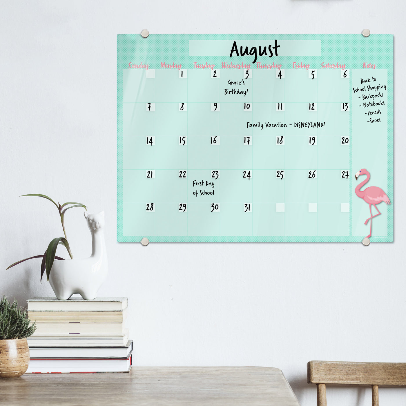 Flamingo on Teal Calendar Glassboard