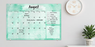 Watercolor Calendar with Menu in Sea Glass Glassboard