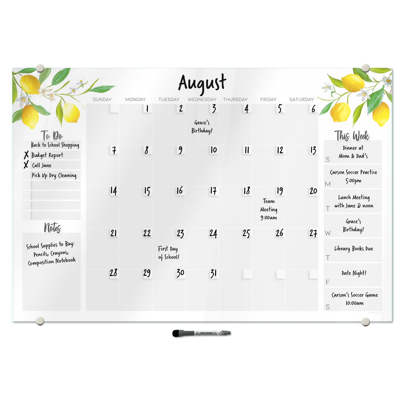 Command Center Calendar in Lemon Glassboard