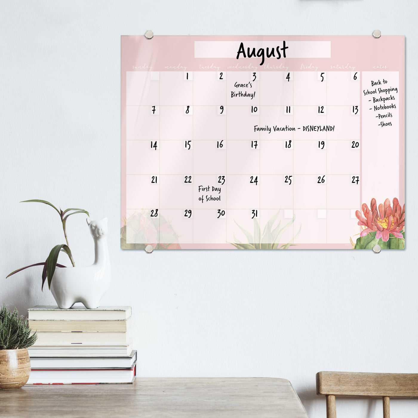Pink Succulents Calendar Glassboard
