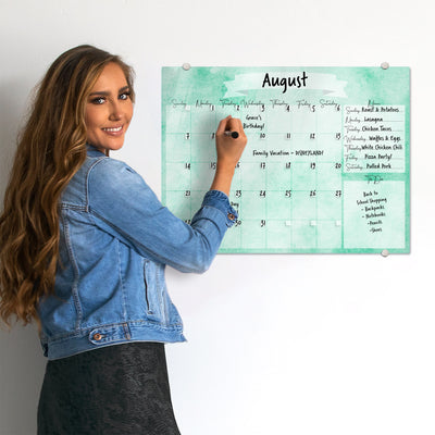 Watercolor Calendar with Menu in Sea Glass Glassboard