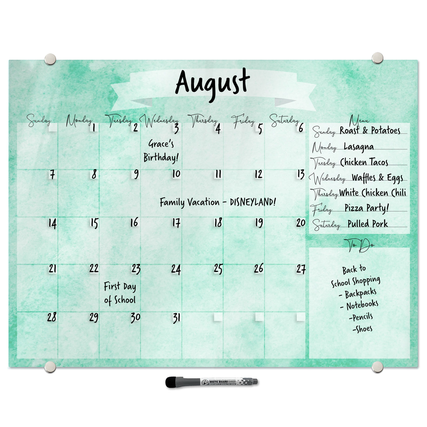 Watercolor Calendar with Menu in Sea Glass Glassboard