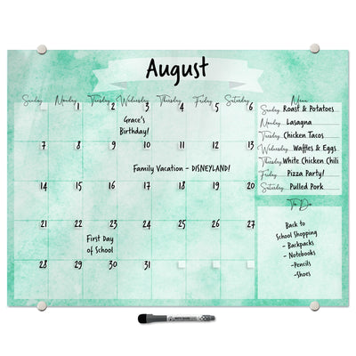 Watercolor Calendar with Menu in Sea Glass Glassboard