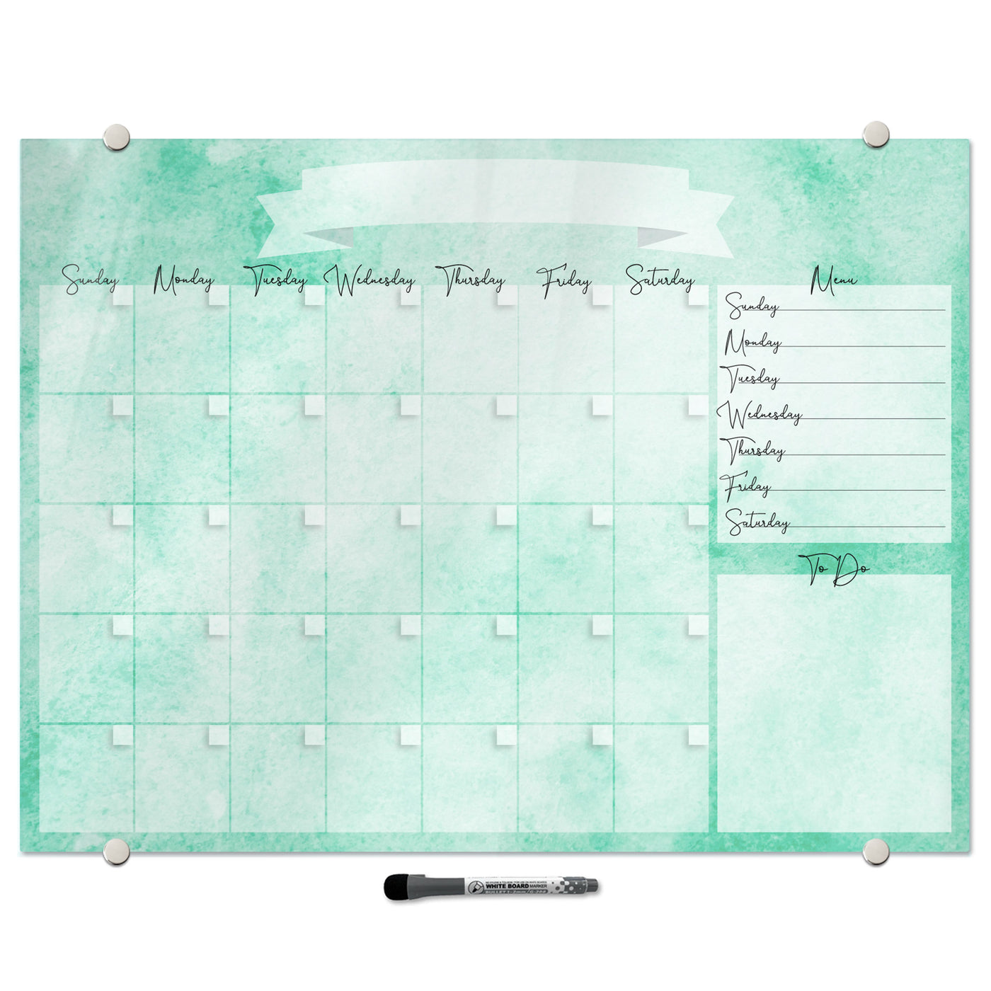 Watercolor Calendar with Menu in Sea Glass Glassboard