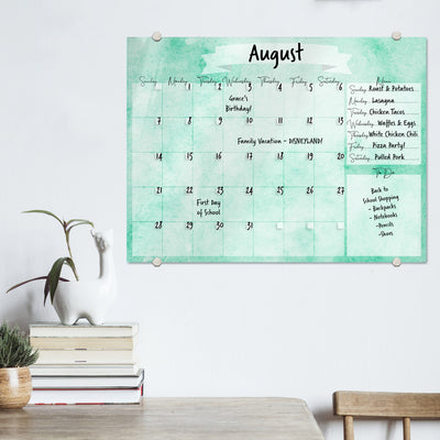Watercolor Calendar with Menu in Sea Glass Glassboard