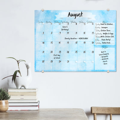 Watercolor Calendar with Menu in Sky Blue Glassboard