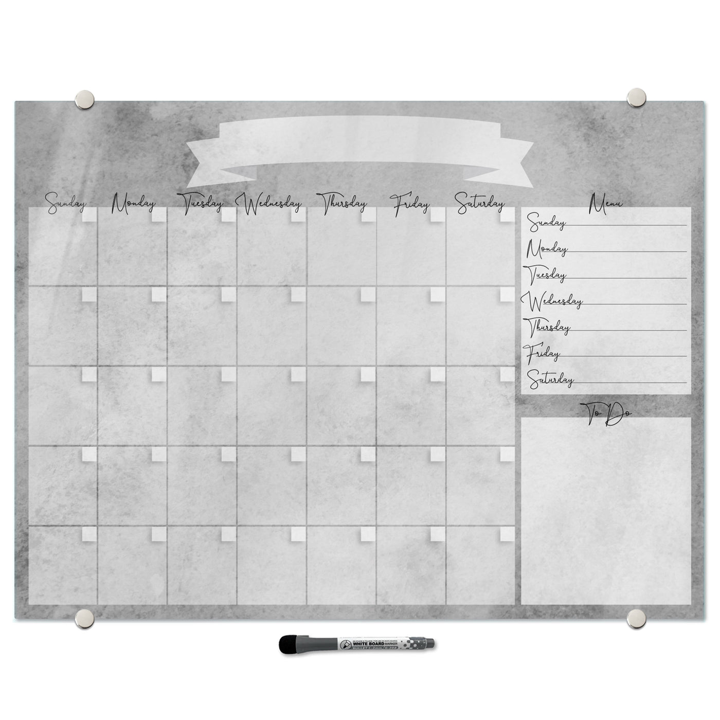 Watercolor Calendar with Menu in Stone Gray Glassboard