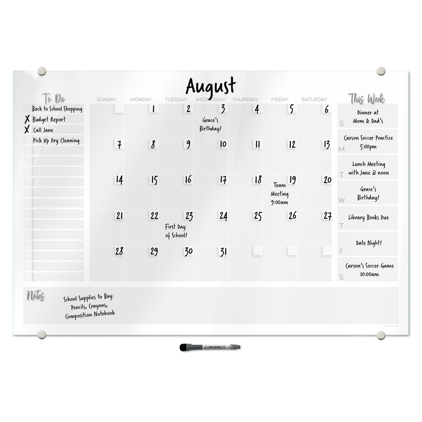 Command Center Calendar in White Glassboard
